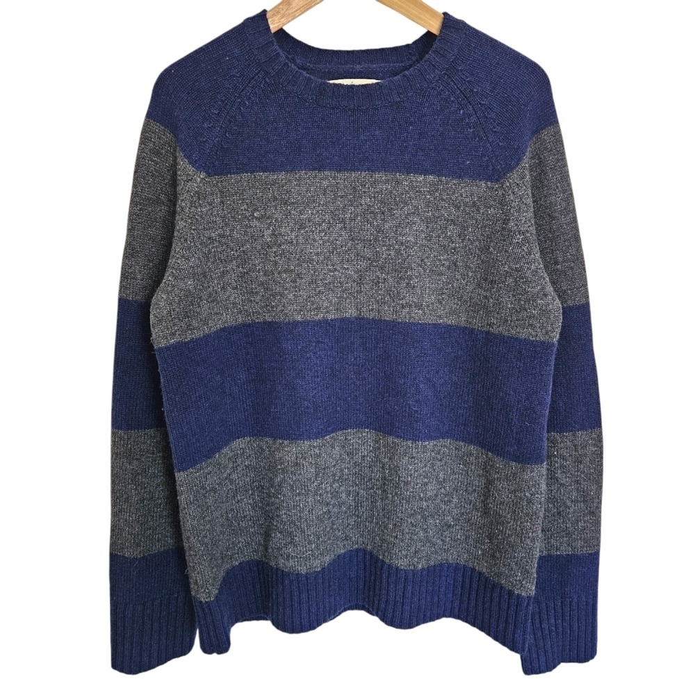 Mills Supply‎ Merino Wool Alpaca Blend Blue Gray Striped Crewneck Sweater Large